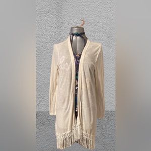 Cream colored fringed hem open Cardigan 1X